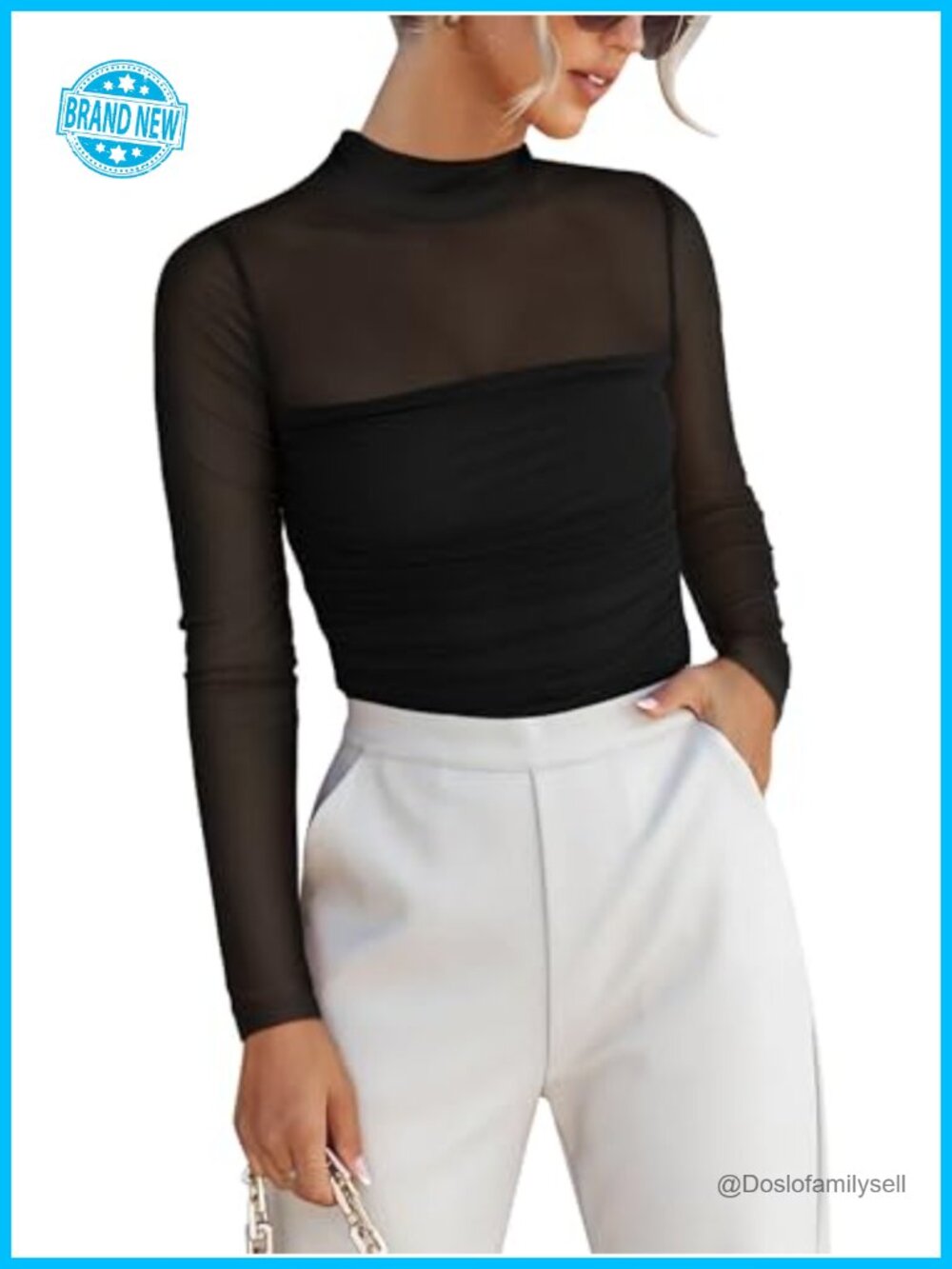 Mesh Long Sleeve Top Mock Neck Ruched Knitted Sexy Party Shirt